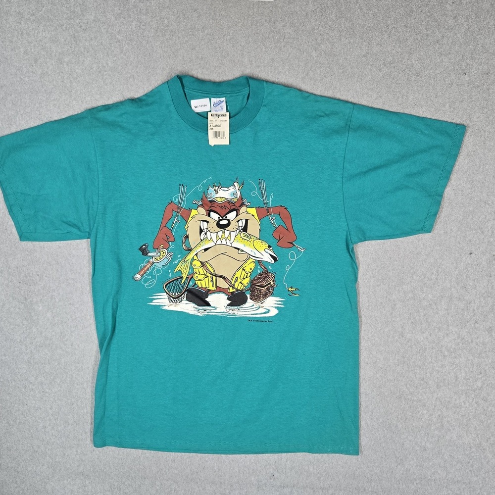 VINTAGE Tasmanian Devil 1993 Men Shirt XL Blue Made in USA Looney Tunes Fish NWT
